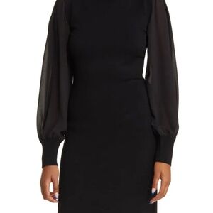 Chiffon Long Sleeve Turtleneck Sweater Dress - Black